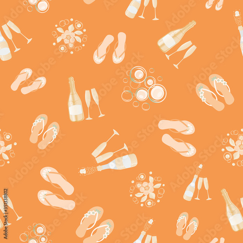 Flip flop shoe and Champagne bubbles vector seamless pattern background. Bottles, glasses, fizzy drink, sandals orange monochrome backdrop. All over print for beach resort hen party, celebration