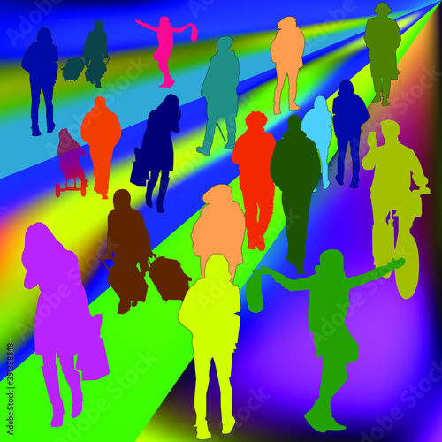 people on the street colored silhouettes pattern