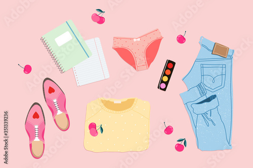Feminine summer outfit flatlay. Trendy summer look. Blue jeans, yellow sweater and pink shoes on a pink background. Isolated elements. Female clothing and accessories. Modern illustration.