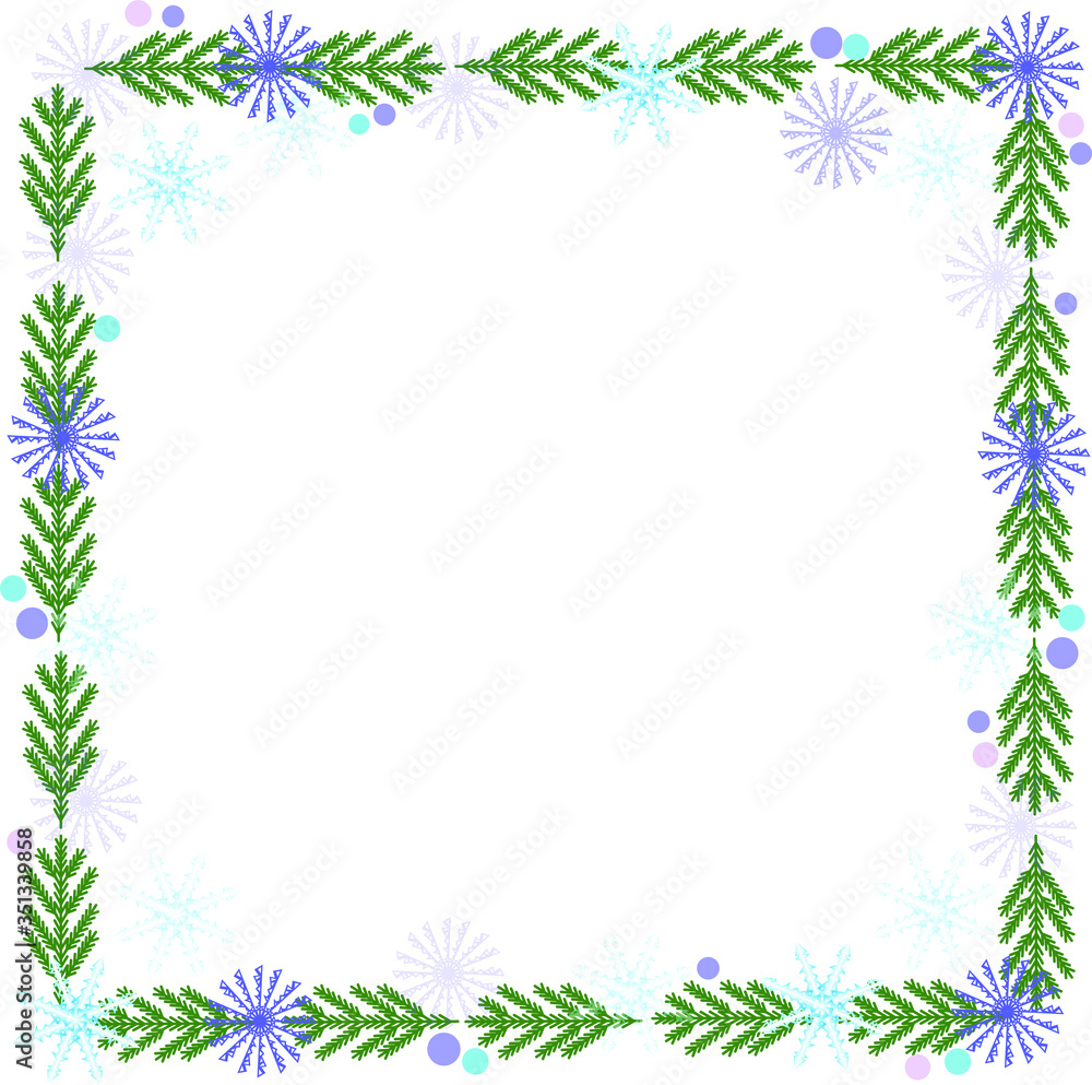 frame of green christmas tree branches and snowflakes, add your own text. Winter background for christmas or new year design. Illustration for greeting cards, invitations, and packaging