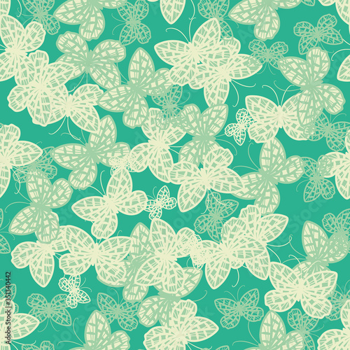 Mint green butterflies seamless vector pattern. Decorative surface print design. For farics, stationery, and packaging.