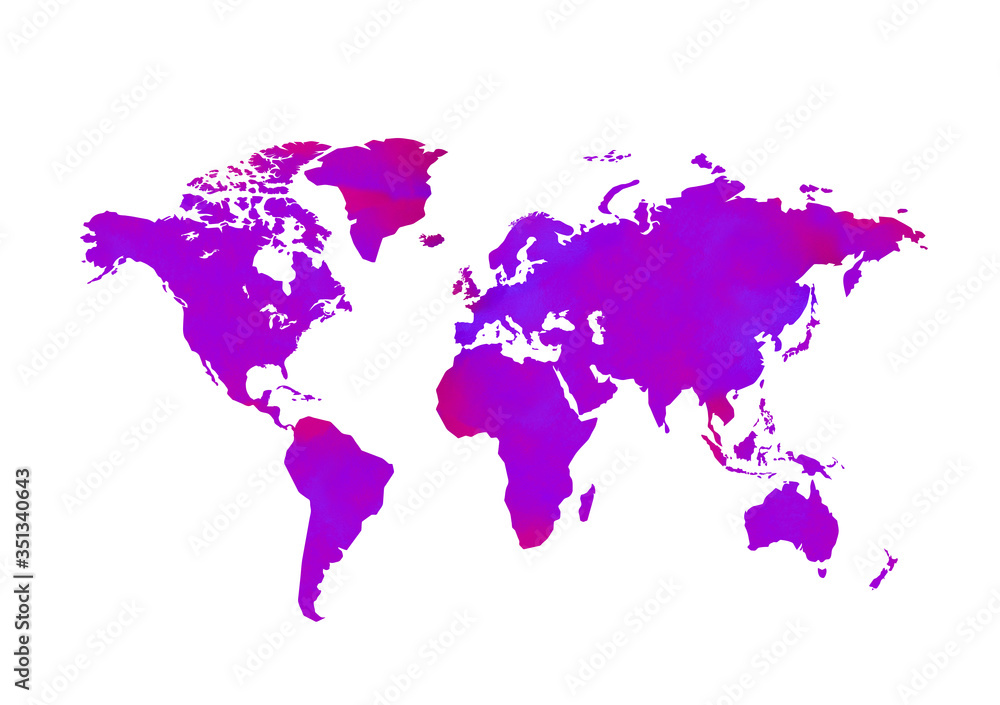 Fototapeta premium World map illustration. Isolated on white background. Violet and raspberry color.