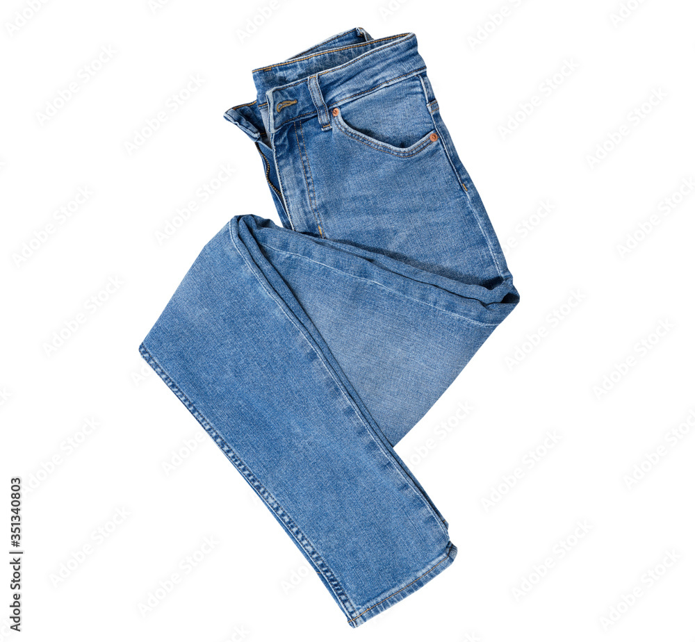 Jeans isolated on white, denim pants isolated, folded blue jeans isolated on white, summer clothes, cloth element mock up - obrazy, fototapety, plakaty 
