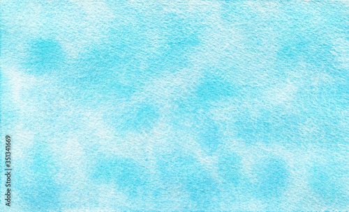 Turquoise blue watercolor background. Hand drawn gradient splash and blurs. Abstract painted template for design with rough paper texture.