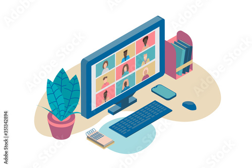 Illustration isometric design concept video conference. online meeting work form home. Vector illustration.