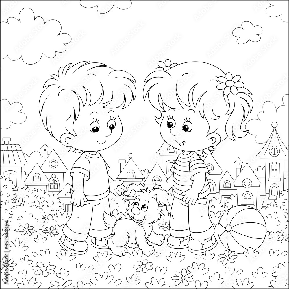 Smiling little children talking and walking together with a cheerful grey puppy in a pretty town park on a sunny summer day, black and white vector cartoon illustration for a coloring book page Smiling little children talking and walking together with a cheerful grey puppy in a pretty town park on a sunny summer day, black and white vector cartoon illustration for a coloring book page