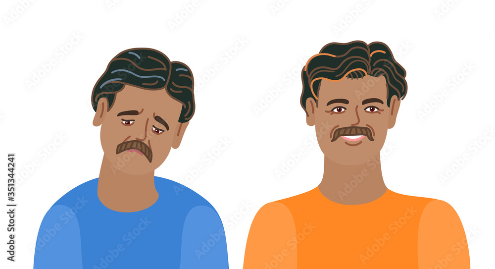 Happy and sad man. An Indian man in good and bad moods. Happy and sad man. An Indian man in good and bad moods.