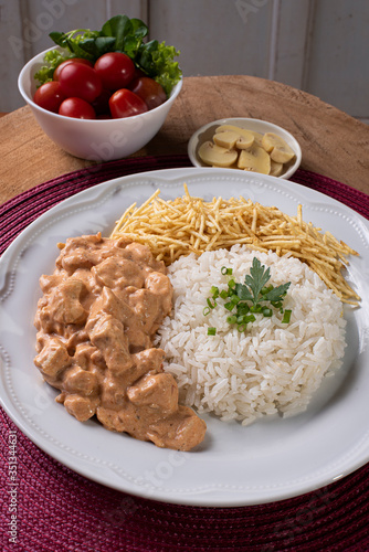 Chicken stroganoff accompanied with rice, salad and potato straw