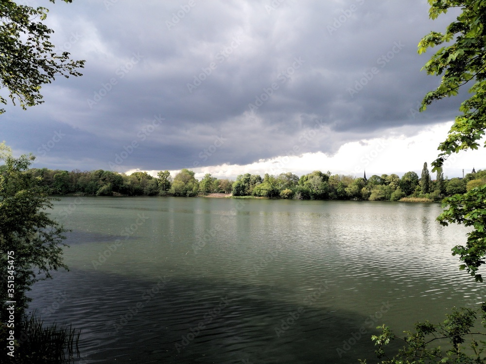 Auensee (former Luna Park) in Leipzig, small lake with plants and cloudy sky
