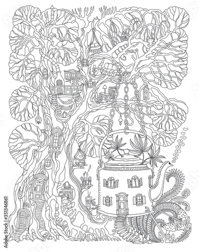 Fantasy Tree house and Futuristic home in tea pot with fly agaric mushrooms and cannabis hemp leaves on a white background. Hippie party invitation, batik print, adults coloring book page