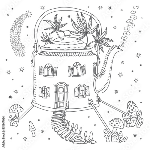 Futuristic house in tea pot with fly agaric mushrooms and cannabis hemp leaves on a white background. Adults coloring book page, Hippie chintz batik, humorous wallpaper, fashionable bandana print