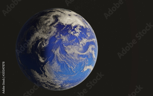 3D rendering of fantastic blue water planet with white atmosphere in outer space. Elements of this image were furnished by NASA.