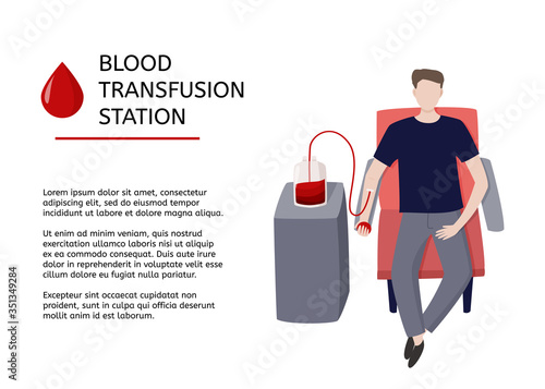 Blood transfusion station. Graphic design template for medical article with blood donor and sample text.