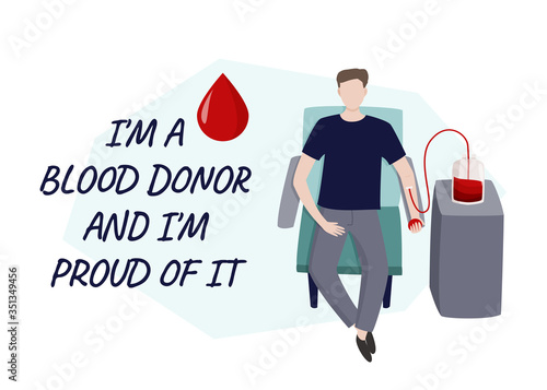 Young man gives blood vector illustration. Medical abstract simple image with handwritten phrase.