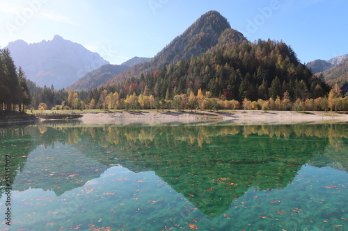 Reflection of a mountain on the crystal clear waters of Jasna Lake