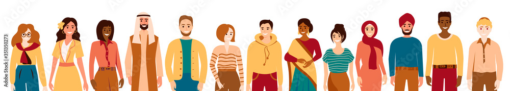 Diverse group of multiethnic multicultural people. Multiracial young men and women. Happy multiracial people. Social diversity. Vector illustration isolated on white Diverse group of multiethnic multicultural people. Multiracial young men and women. Happy multiracial people. Social diversity. Vector illustration isolated on white