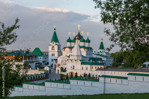 Nizhny Novgorod. Assumption Church, Ascension Cathedral and Ascension Monastery against the backdrop of a beautiful sky at sunset