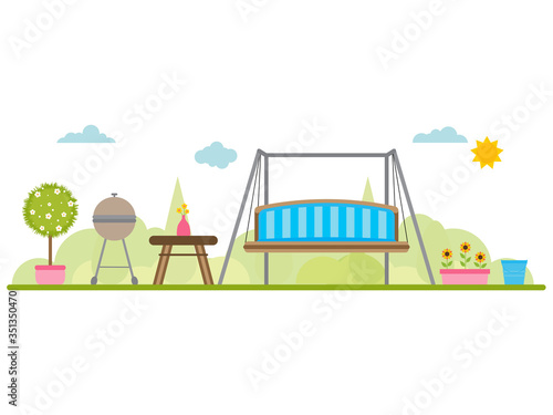 Vector stock banner with backyard, blooming bushes, flowers  and garden furniture. Served table with flowers and BBQ,  Spring picnic background in flat style. Summer or spring view