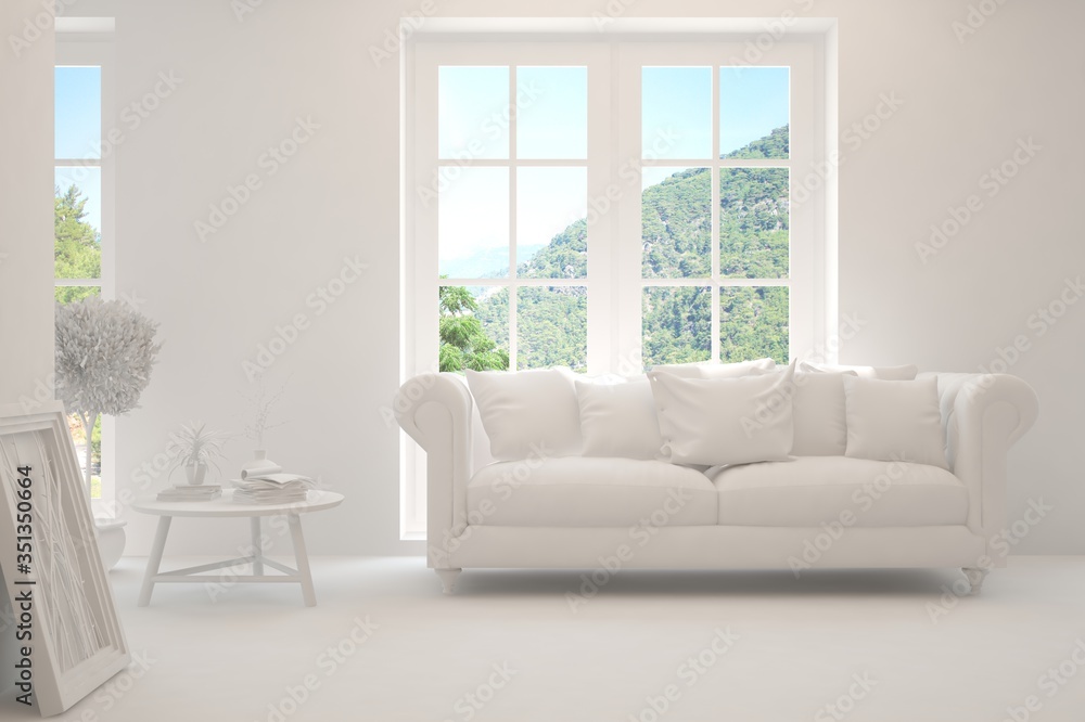 White living room with sofa and summer landscape in window. Scandinavian interior design. 3D illustration White living room with sofa and summer landscape in window. Scandinavian interior design. 3D illustration
