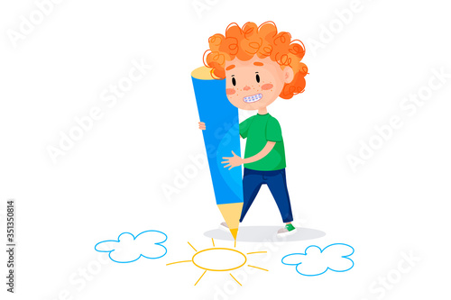 Kids characters are drawing on white walls. Children international day. Summer children activities. Vector illustrations.