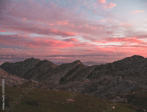 Spain, Cantabria, Picos?de?Europa range at pink moody dawn