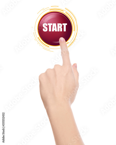 Woman pressing start button on white background, closeup