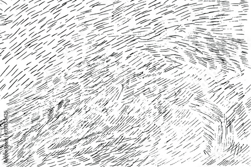 Grunge surface texture with strokes, noise, grain, and dashes that look like lint. Monochrome background of hand-drawn handwriting, strikethrough, and doodles. Vector illustration. Overlay template.