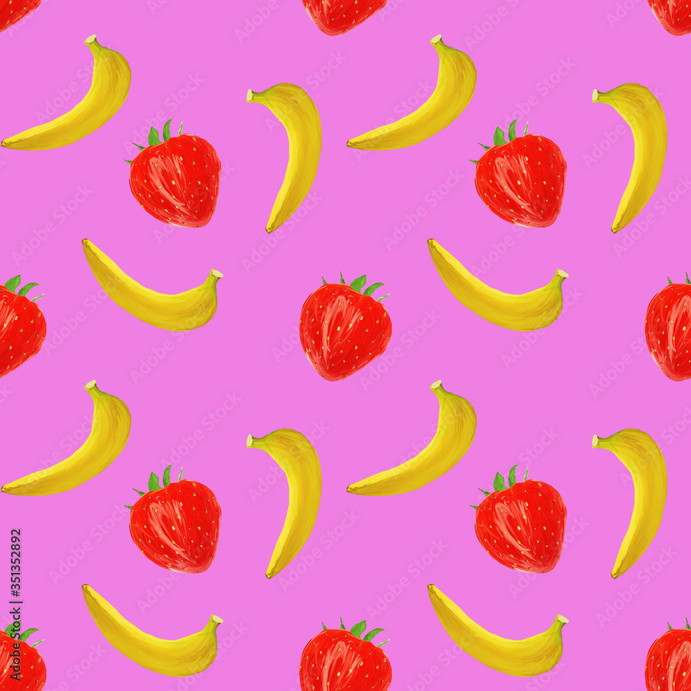 gouache seamless pattern with fruits and berries bananas and strawberry on a pink background, vegetarian pattern for for diet, healthy eating. Use as restaurant menu, packaging, product design,textile gouache seamless pattern with fruits and berries bananas and strawberry on a pink background, vegetarian pattern for for diet, healthy eating. Use as restaurant menu, packaging, product design,textile