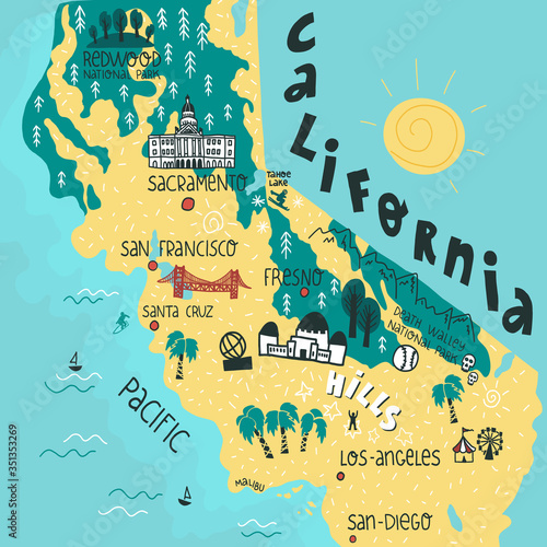 California state funny and colorful hand drawn map with landmarks and biggest cities points lettering. Flat vector illustration.