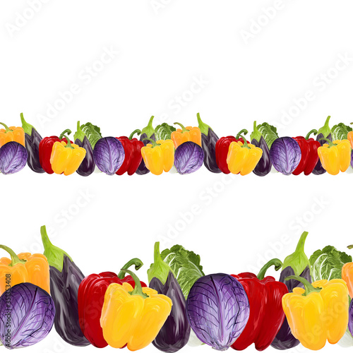 Seamless border with vegetables eggplant  peppers  cabbage on white background. Gouache hand drawn illustration. Fresh food Design for duct tape  adhesive tape  wallpaper  menu  textile  dyeing.