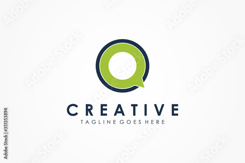 Initial Letter Q Logo. Blue Circle Line with Green Speech Bubble Chat Talk Icon isolated on White Background. Usable for Business and Technology Logo. Flat Vector Logo Design Template Element.