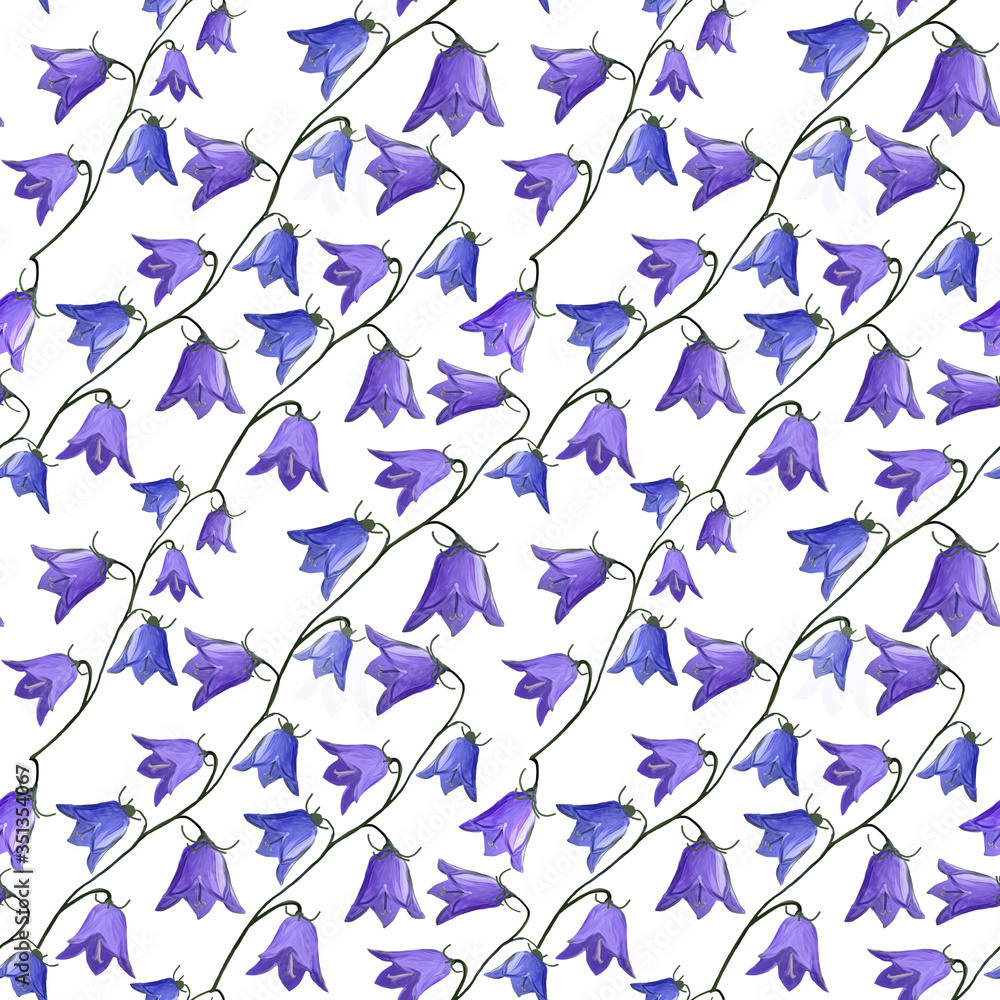 seamless pattern with bellflowers campanula flowers on white background. Floral background in gouache. Holidays presents and gifts wrapping paper For textiles,packaging,fabric,wallpaper.