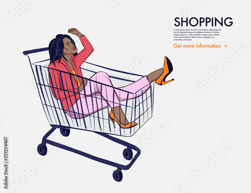 Woman in shopping cart, Fashion afro girl in jumbo shopping basket on wheels drawing illustration, retail discount art. Online sale shopping banner, black friday  promotion advertising. Vector © milatoo