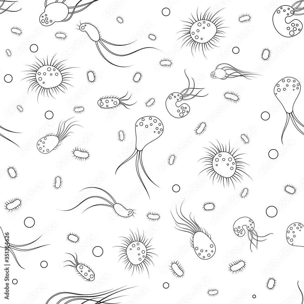 Pattern with icons of infectious bacteria and biological viruses. Flat ...