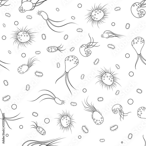 Pattern with icons of infectious bacteria and biological viruses. Flat cartoon illustration background of microbes and bacteria. A microorganism and allergen pictured on a white background.