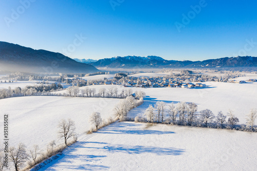 Germany, Bavaria, Greiling, Drone view of snow-covered Alpine foothills