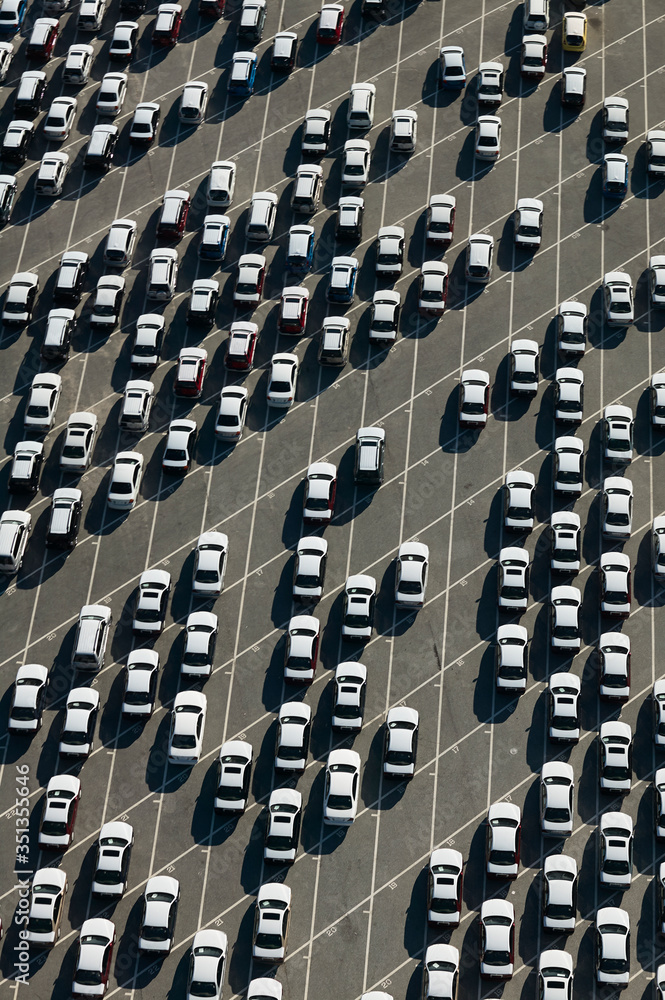 USA, Maryland, Aerial photograph of cars lined up for shipment from the Port of Baltimore USA, Maryland, Aerial photograph of cars lined up for shipment from the Port of Baltimore