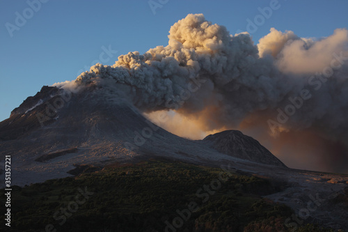 Montserrat, Caribbean, Ash erupting from soufriere hills volcano