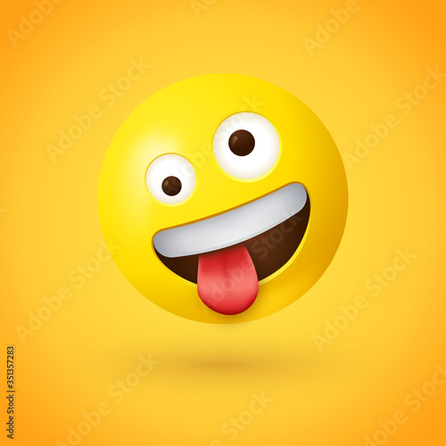 Zany face emoji - Silly face emoticon - A yellow face with a big grin and wide, white eyes, one larger than the other and in a wild, cockeyed expression with tongue stuck out and head tilted