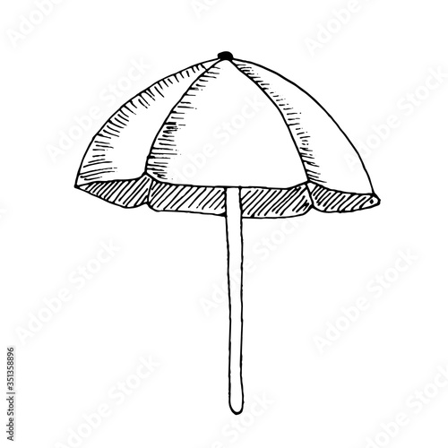 Big sun and cocktail bar umbrella parasol protecting from sun burning. Vector hand drawn sketch in realistic doodle style. Concept of sunbath, beach, suntaning, tropic, rain, shelter.