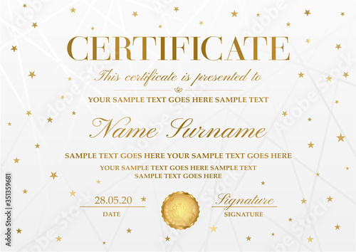 Certificate template with golden stars ,line pattern and gold emblem. White holiday background useful for Diploma, certificate of appreciation, award design