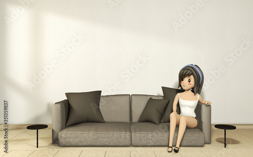 Cartoon girl on the sofa armchair with room interior japanese style. 3D rendering