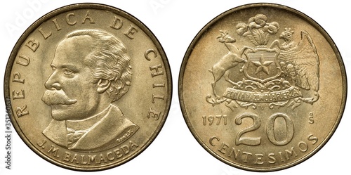 Chile Chilean coin 20 twenty centesimos 1971, bust of Jose Manuel Balmaceda 3/4 left, shield with star supported by deer and condor, plume above,  photo