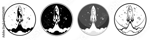 Set of vector illustrations with a flying shuttle surrounded by stars and thick smoke in open space. Flat contour image framed in a circle. Black and white minimalistic picture for cosmonautics day.
