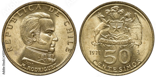 Chile Chilean coin 50 fifty centesimos 1971, bust of lawyer and guerilla leader Manuel Rodriguez right, shield with star supported by deer and condor, plume above,  photo