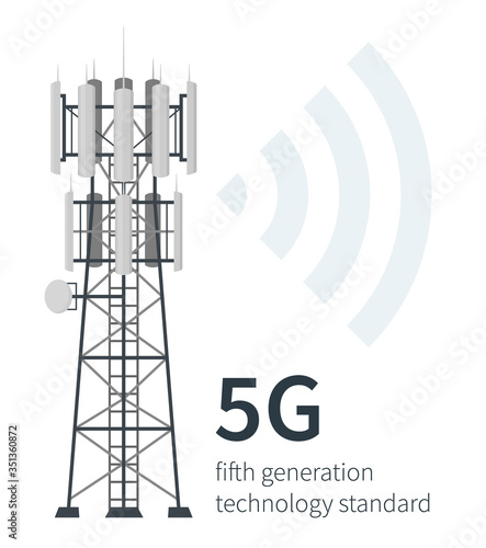 Flat vector illustration of fifth generation mast base stations on white background, 5G mobile data towers, telecommunication antennas and signal, cellular equipment.