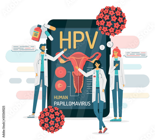 Doctors talk about the human papillomavirus on a smartphone, point to the female reproductive system, there are medicines and the virus around. Vector illustration