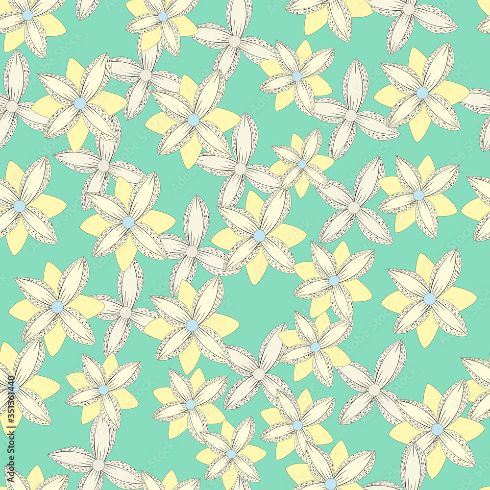 Abstract floristic pattern on a mint green background. Flowers arranged in an irregular pattern. Yellow and white plants. Seamless vector illustration. Template and swatch for fabric, wrapper. Abstract floristic pattern on a mint green background. Flowers arranged in an irregular pattern. Yellow and white plants. Seamless vector illustration. Template and swatch for fabric, wrapper.
