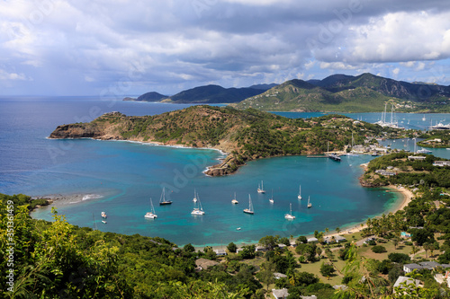 Galleon Beach, Freemans Bay, Nelsons Dockyard and English Harbour, Falmouth Harbour, from Shirley Heights, Antigua, Antigua and Barbuda, Leeward Islands, West Indies, Caribbean, Central America photo