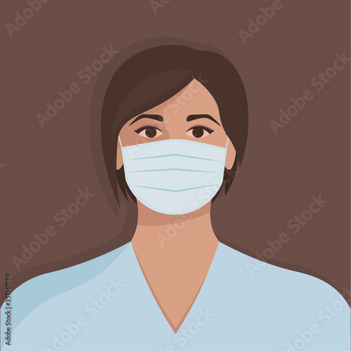 Woman avatar as doctor or nurse in mask. Female in medical uniform. Vector illustration